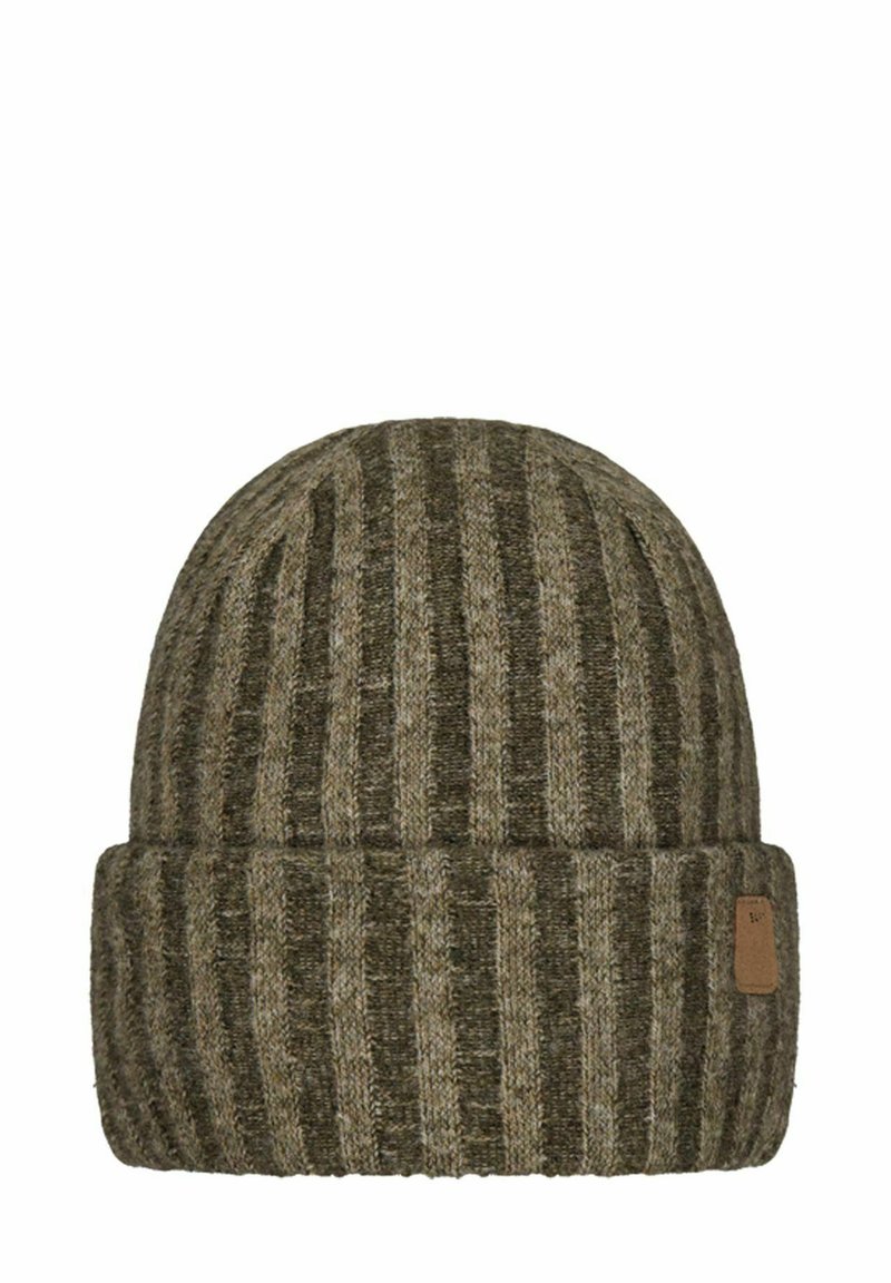 Knit beanie in dark olive green and gray, featuring vertical stripes and a folded cuff. Includes a small leather patch detail.