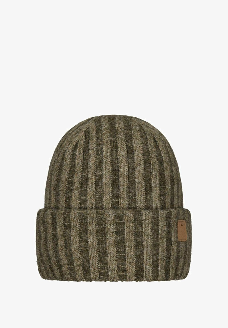Knit beanie in dark olive green and gray, featuring vertical stripes and a folded cuff. Includes a small leather patch detail.