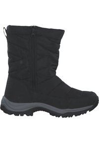 Schwarzer isolierter Stiefel mit gestepptem Obermaterial, Reißverschluss und strukturiertem Gummisohle, die für Traktion und Wärme bei kalten Bedingungen ausgelegt ist.