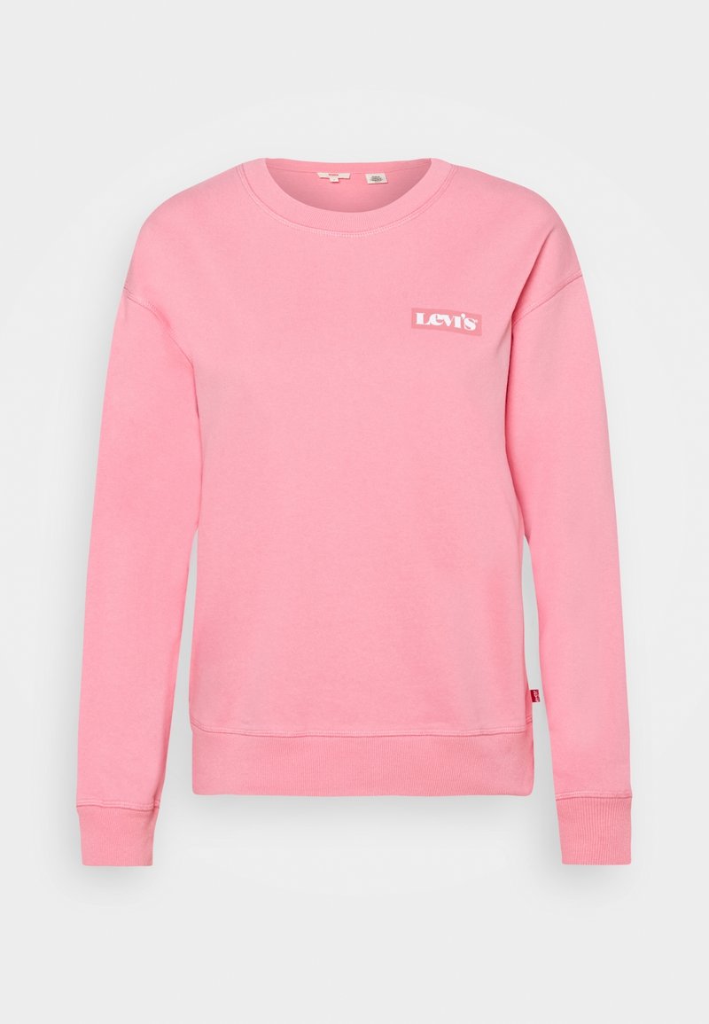 Sudadera de color rosa claro hecha de tela suave. Cuenta con un cuello redondo, mangas largas y un pequeño logo blanco de Levi's en el frente.