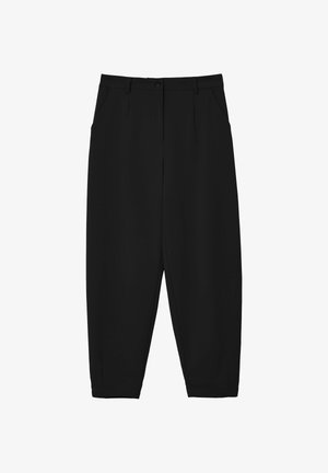 Schwarze, kurz geschnittene Hosen aus glattem Stoff. Sie verfügen über zwei Vordertaschen, einen Knopfverschluss und ein gerades Bein-Design mit entspannter Passform.