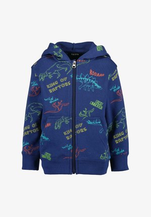 Marineblauer Kapuzenpullover mit Reißverschluss aus Baumwolle, mit bunten Dinosauriermotiven und Texten wie "King of Raptors" in Grün, Gelb und Rot.