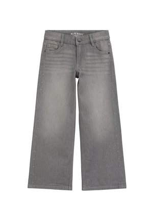 Graue Jeans mit weitem Bein, vorderen Taschen, Gürtelschlaufen, Knopfverschluss und kleinen dekorativen Nieten entlang der äußeren Nähte.