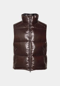 Braune Steppweste mit hohem Kragen, Reißverschluss an der Vorderseite und zwei seitlichen Taschen. Hergestellt aus glänzendem Material, das über gesteppten Segmente zur Isolierung verfügt.