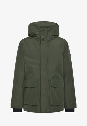 Groene waterdichte jas met een capuchon, voorzien van drukknoopsluitingen, voorzakken en elastische manchetten. Glad textuur en middellange ontwerp.