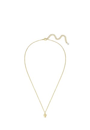 Collana delicata in oro con un piccolo ciondolo a forma di angelo e chiusura regolabile con una minuscola pietra preziosa trasparente.