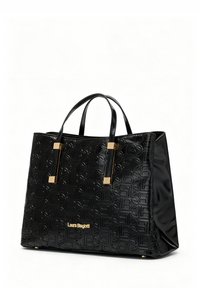 Borsa a tracolla nera in materiale trapuntato, con motivo logo in rilievo, finitura lucida, dettagli in metallo dorato e doppi manici.