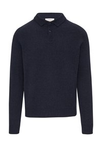 Navyblauw gebreide pullover met een polo-kraag, knopenlijst en geribbelde manchetten en onderkant. Zachte textuur, ontworpen voor comfort.
