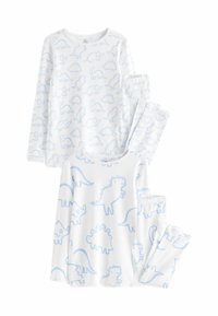 Ensemble de pyjama blanc avec des motifs de dinosaures bleu clair. Comprend un haut à manches longues et un pantalon assorti. Fabriqué en tissu doux et léger.
