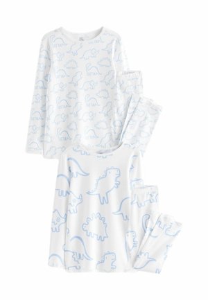 Witte pyjama set met lichtblauwe dinosaurusschema's. Bevat een langmouwtop en bijpassende broek. Gemaakt van zachte, lichte stof.
