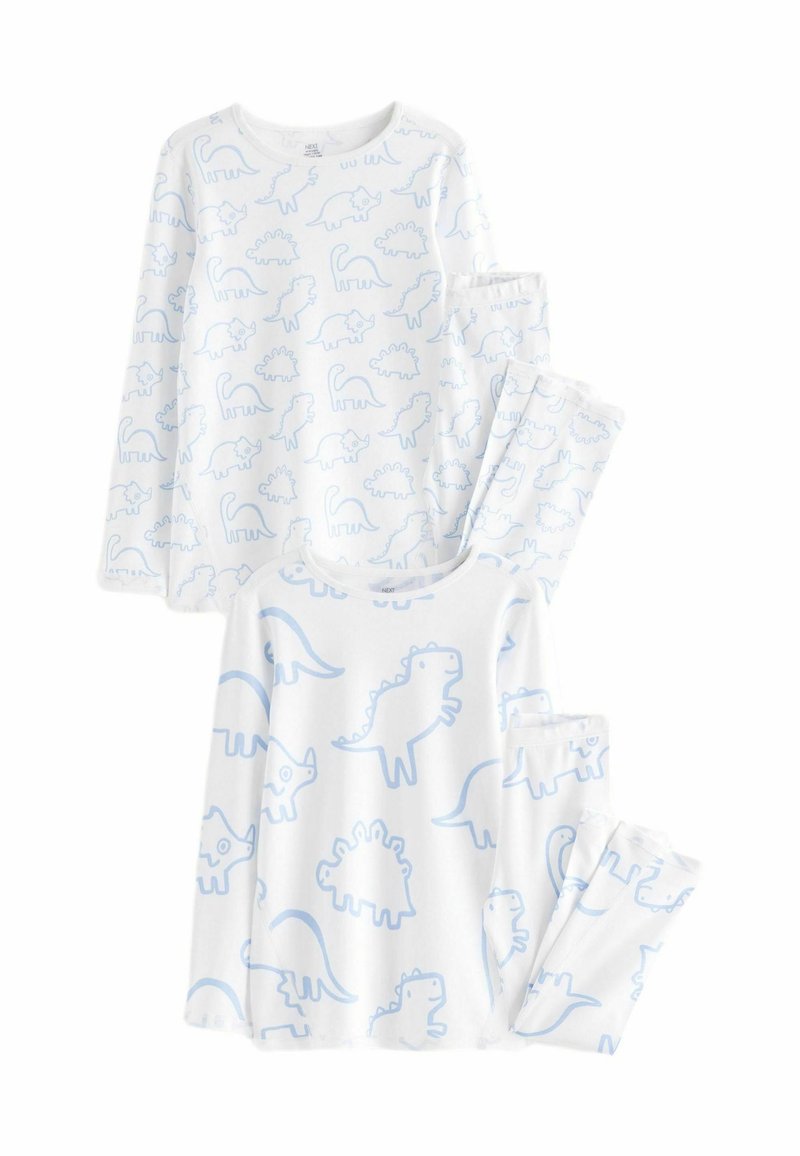 Ensemble de pyjama blanc avec des motifs de dinosaures bleu clair. Comprend un haut à manches longues et un pantalon assorti. Fabriqué en tissu doux et léger.