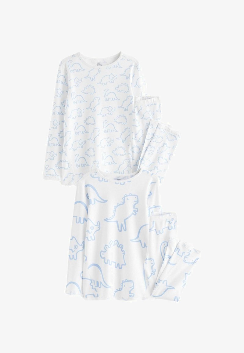 White pajama set featuring light blue dinosaur patterns. Includes a long-sleeve top and matching pants. Made from soft, lightweight fabric.
