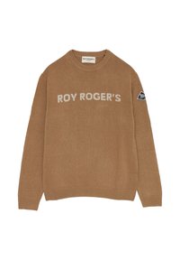 Maglione lavorato a maglia color beige con colletto rotondo, caratterizzato dalla scritta "ROY ROGER'S" in bianco e un'etichetta in tessuto nera sulla manica sinistra.