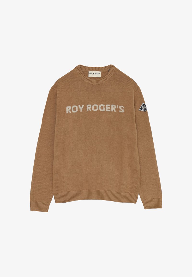 Maglione lavorato a maglia color beige con colletto rotondo, caratterizzato dalla scritta "ROY ROGER'S" in bianco e un'etichetta in tessuto nera sulla manica sinistra.