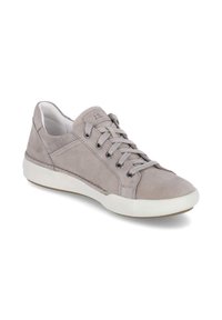 Light gray suede sneaker with white rubber sole, round toe, and six eyelets for laces. Features minimal stitching and clean design.