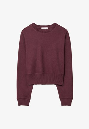 Maglione corto a maniche lunghe color marrone con scollatura a girocollo a coste, polsini e orlo, posato su uno sfondo bianco.