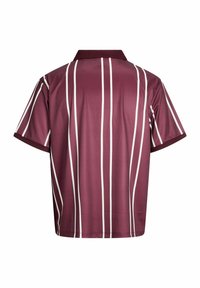 Short-sleeve polo shirt with burgundy base and white vertical stripes, shown from the back on a white background.