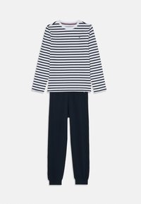 Striped long-sleeve top in white and navy with round neckline paired with solid navy trousers featuring elastic cuffs. Soft cotton fabric.