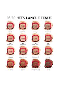Seize contenants carrés de teintes de fond de teint avec des couvercles noirs et des accents rouges, étiquetés avec des noms et des numéros sur un fond blanc.
