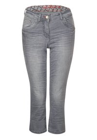 Jeans de mezclilla gris con un diseño recortado, con una cinturilla que tiene un interior estampado, bolsillos frontales y detalles de costura.