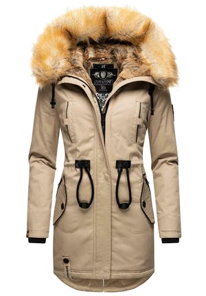 Tan parka jacket featuring a faux fur-lined hood, black accents, drawstring waist, and multiple front pockets. Textured fabric for warmth.