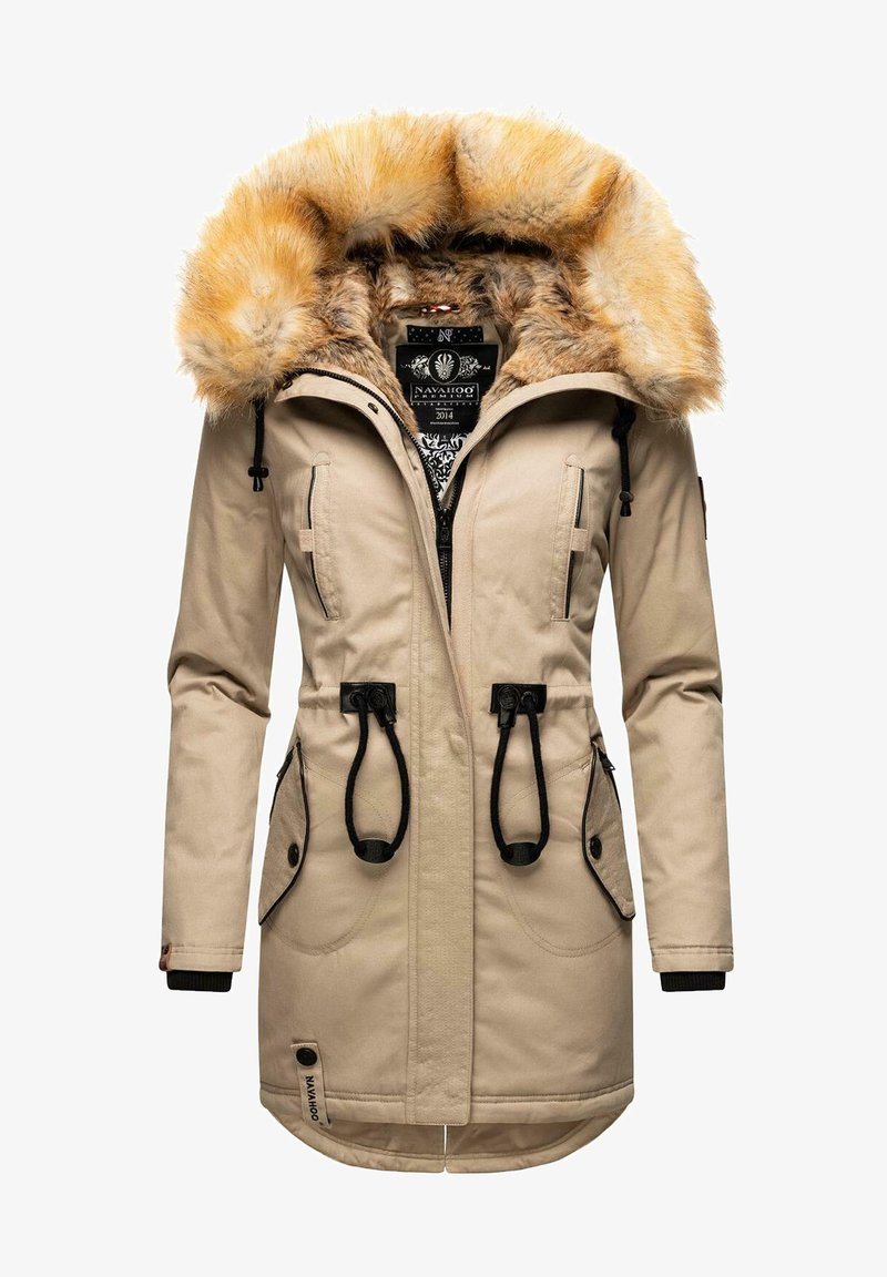 Tan parka jacket featuring a faux fur-lined hood, black accents, drawstring waist, and multiple front pockets. Textured fabric for warmth.