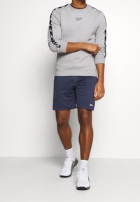 Sweatshirt gris avec des accents noirs le long des manches; associé à un short marine. Des chaussures de sport blanches complètent la tenue. Logo Reebok sur le sweatshirt.