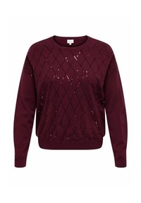 Bordowy sweter z okrągłym dekoltem i długimi rękawami, zdobiony wzorem w diamenty z cekinami. Wykonany z miękkiej tkaniny o teksturowanym wykończeniu.