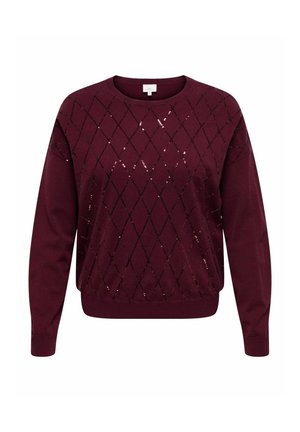 Burgundské svetr s kulatým výstřihem a dlouhými rukávy, zdobený diamantovým vzorem s flitry. Vyroben z měkké tkaniny s texturovaným povrchem.
