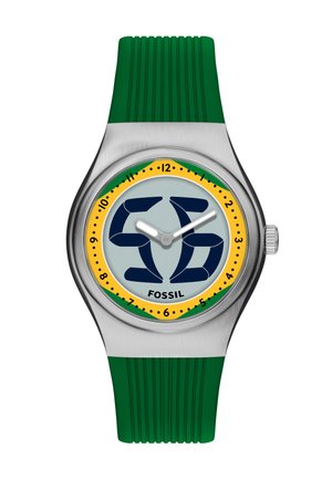 Zilveren Fossil polshorloge met groene siliconen band, gele en groene wijzerring, donkerblauw abstract ontwerp en witte uur- en minutenwijzers.