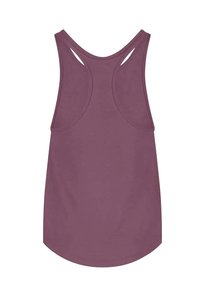Mauve Tanktop mit rundem Halsausschnitt, ärmellosem Design und Racerback-Stil. Glatte Textur mit abgerundetem Saum und Stichdetails.