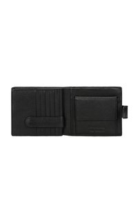 Portafoglio in pelle nera con finitura testurizzata, dotato di numerose fessure per carte e tasca trasparente per l'ID, chiuso con un bottone a scatto.