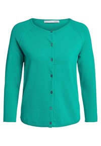 Türkiser Cardigan aus Strickstoff, mit V-Ausschnitt, langen Ärmeln und sechs schwarzen Knöpfen auf der Vorderseite. Rippbündchen an Saum und Ärmeln.