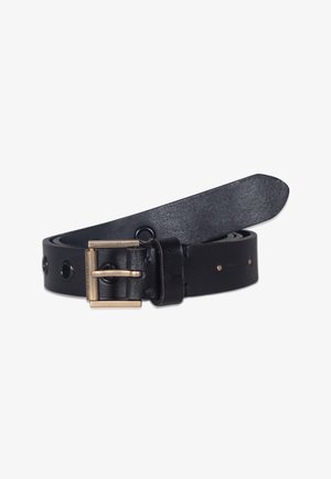 Black leather belt featuring a rectangular brass buckle and visible grommets along the length, with a smooth finish and tapered end.