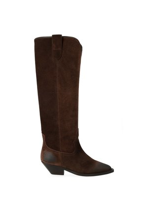 Stivale da cowboy alto in camoscio marrone con punta appuntita e tacco basso inclinato, linguetta di tiraggio in cima e dettagli cuciti lungo la gamba e il piede.
