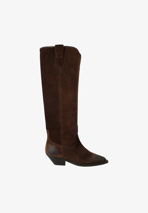 Stivale da cowboy alto in camoscio marrone con punta appuntita e tacco basso inclinato, linguetta di tiraggio in cima e dettagli cuciti lungo la gamba e il piede.