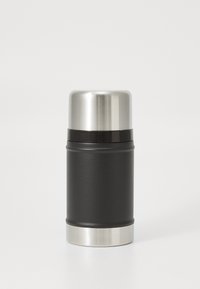 Black thermos with a stainless steel lid and base. Cylindrical shape, matte texture on the body, and a glossy accent at the neck.