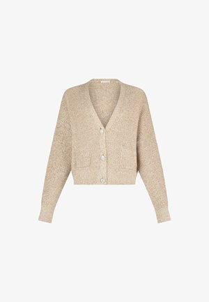 Bežový, skrátený kardigán z textúrovaného pleteného materiálu s výstrihom do V, dvoma prednými vreckami a troma dekoratívnymi gombíkmi.