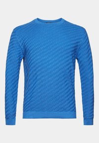 Blauer strukturierter Pullover mit Rautenmuster, geripptem Rundhalsausschnitt und langen Ärmeln. Der Stoff wirkt weich und gestrickt.