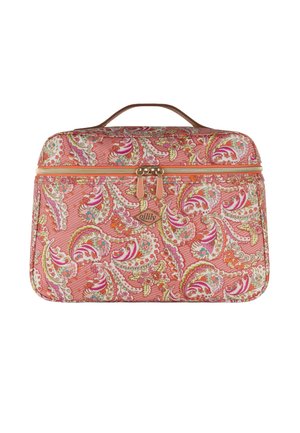 Rechthoekige roze toilettas met een meerkleurig bloemenpaisleypatroon, twee ritssluitingen en een bruine handgreep bovenop.