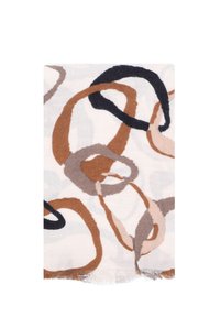 Sciarpa tessuta in stoffa leggera con motivi astratti a spirale in marrone, beige e blu scuro su uno sfondo chiaro; bordi frangiati.