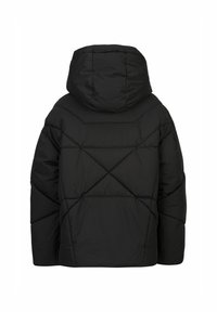 Zwarte pufferjas met capuchon, voorzien van een gewatteerde textuur en diagonale stiksels. Ontworpen met een relaxed fit en comfortabele vulling.