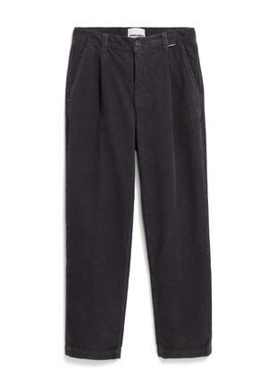Grau gestreifte Cordhosen mit einem geraden Bein-Design, featuring vorderen Falten, seitlichen Taschen und einem Knopfverschluss an der Taille.