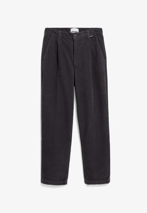 Grau gestreifte Cordhosen mit einem geraden Bein-Design, featuring vorderen Falten, seitlichen Taschen und einem Knopfverschluss an der Taille.