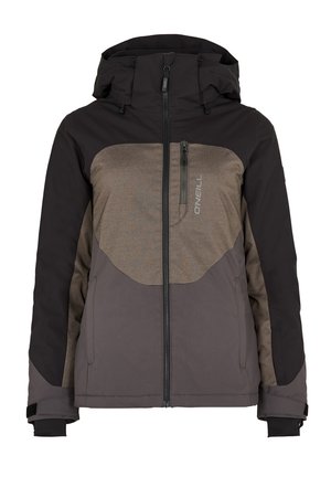 Ski jacket in black and dark brown, features a zip front, adjustable hood, and textured chest panel. Includes wrist and zippered pockets.