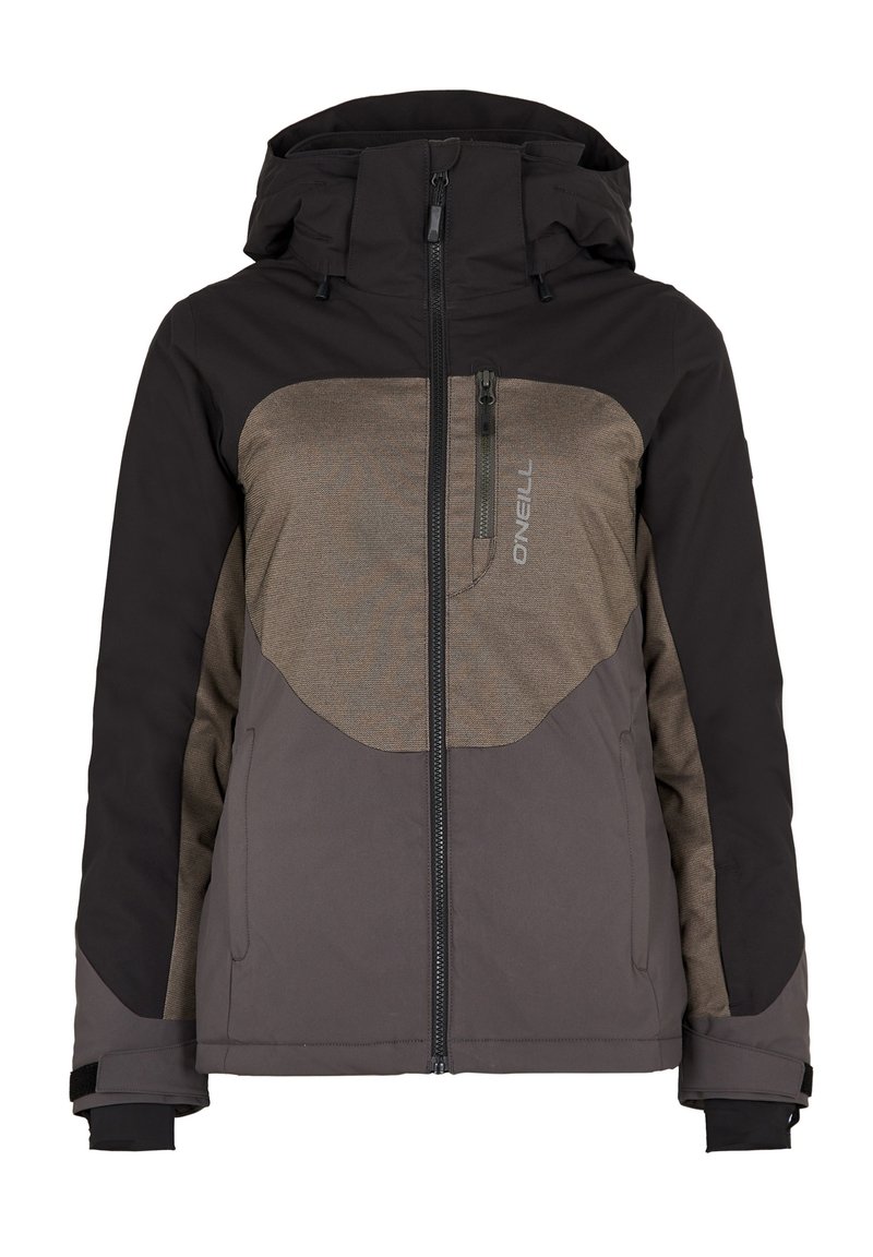 Skijacke in Schwarz und Dunkelbraun, mit durchgehendem Reißverschluss, verstellbarer Kapuze und texturiertem Brustpanel. Mit Handgelenktaschen und Reißverschlusstaschen.