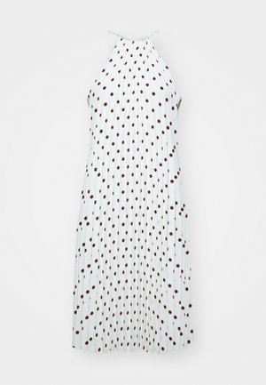 White pleated dress with a halter neckline, featuring multicolored polka dots in red and brown. Smooth texture and lightweight fabric.