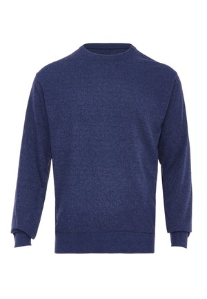 Dunkelblaues Sweatshirt aus strukturiertem Stoff, mit Rundhalsausschnitt und langen Ärmeln, die über Rippbündchen und einen gerippten Saum verfügen.