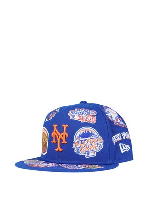 Cappellino blu dei New York Mets con loghi ricamati tra cui "1986 World Series", "All-Star Game" e stemmi della squadra.