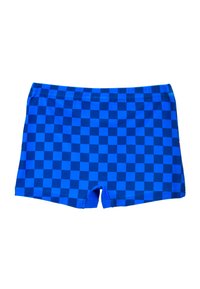 Bañador a cuadros azules con una textura suave, que presenta un patrón contrastante de cuadrados azules oscuros y claros, y una cinturilla elástica.
